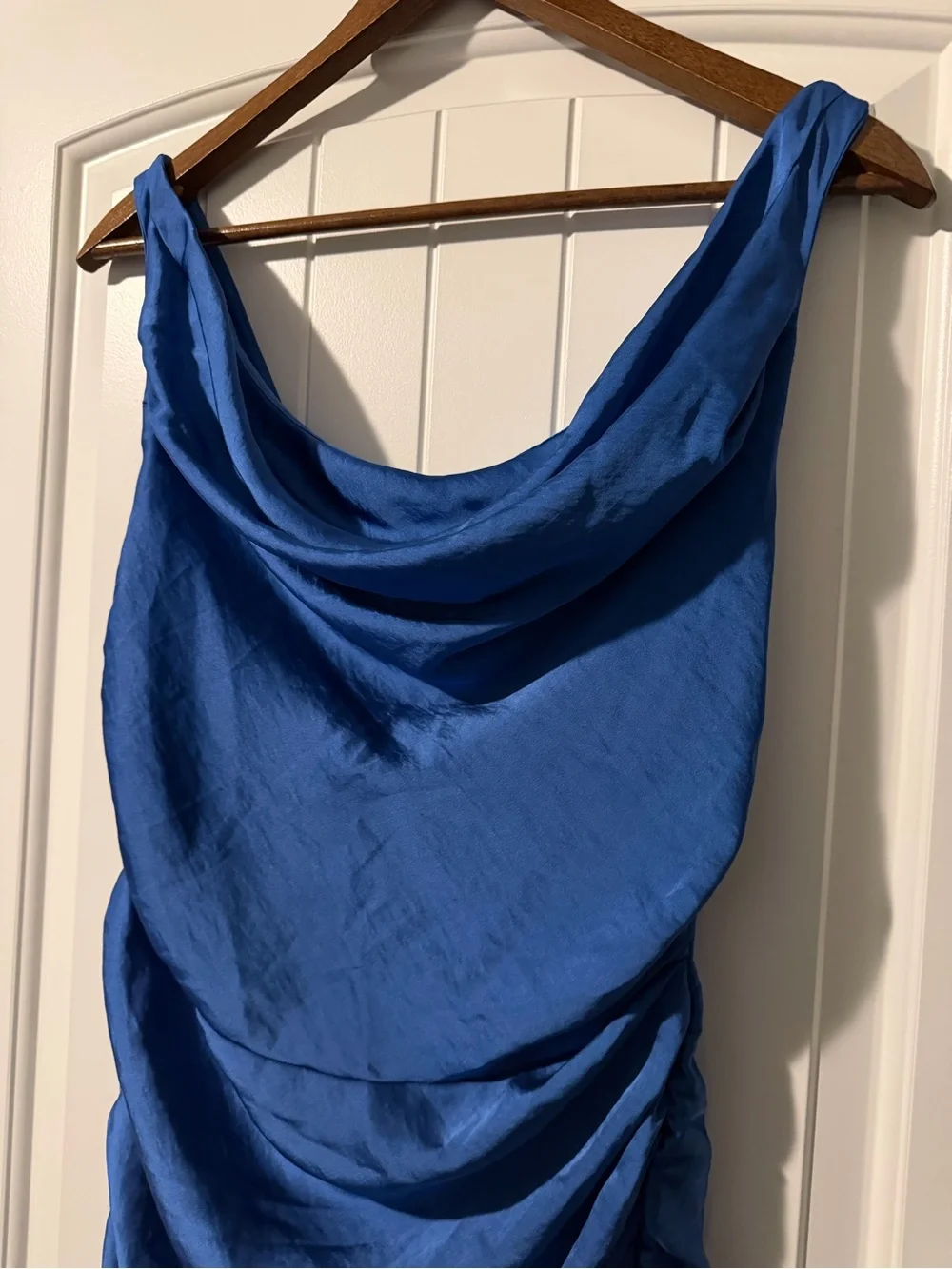 A&F Cowl Neck Draped Ruched Satin Maxi Dress - Dutch Blue MT